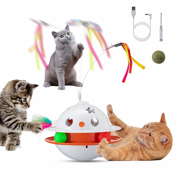 4 in 1 Automatic Interactive Cat Toy Cat Toy with Butterfly Flying Random Moving Ambush Feather Catnip Ball Smart Kitten Toy for Indoor Cats Dual Powe