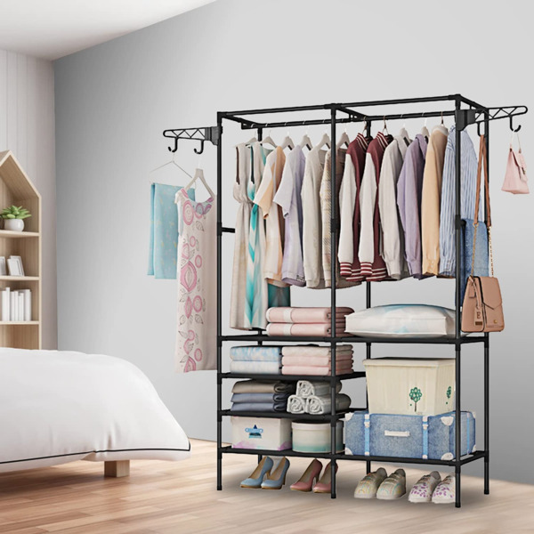 Clothing Rack Clothes Rack, 66'' Multifunctional Garment Rack for Hanging Clothes, 4 Tiers Portable Closet Rack with 4 Hooks & 2 Hanging Rods, Coated 