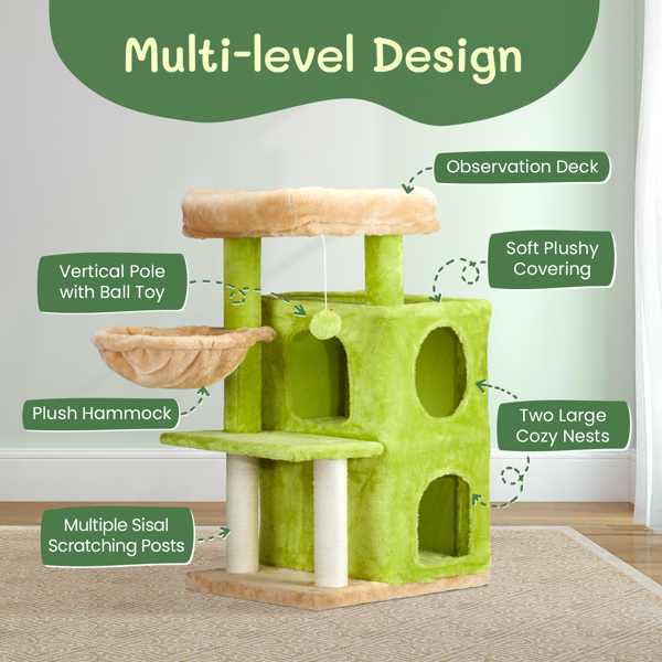 33 inch Cat Tree Cat Tower for Indoor Cats, Cat Activity Center Play House with Large Padded Perch, Hammock, 2-Tiered Condo, Scratching Posts & Dangli